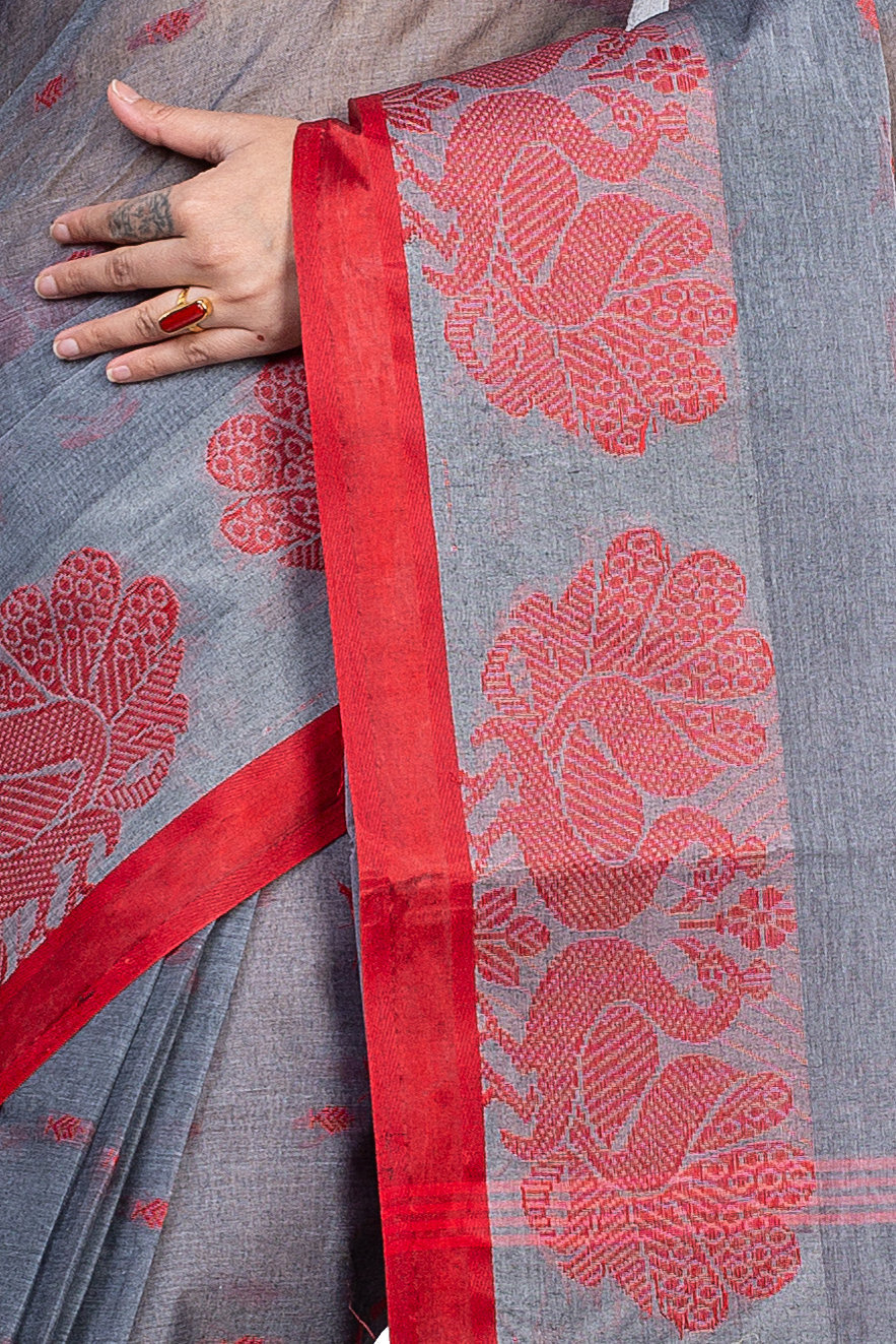 Gray Pure Cotton MOYUR PAR Tant Saree (904)